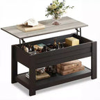 Table basse, table basse relevable de 99 cm avec compartiment caché et étagère de rangement