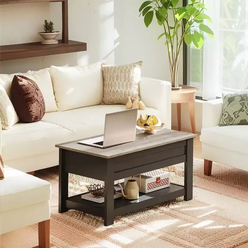 Table basse, table basse relevable de 99 cm avec compartiment caché et étagère de rangement