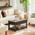 Table basse, table basse relevable de 99 cm avec compartiment caché et étagère de rangement