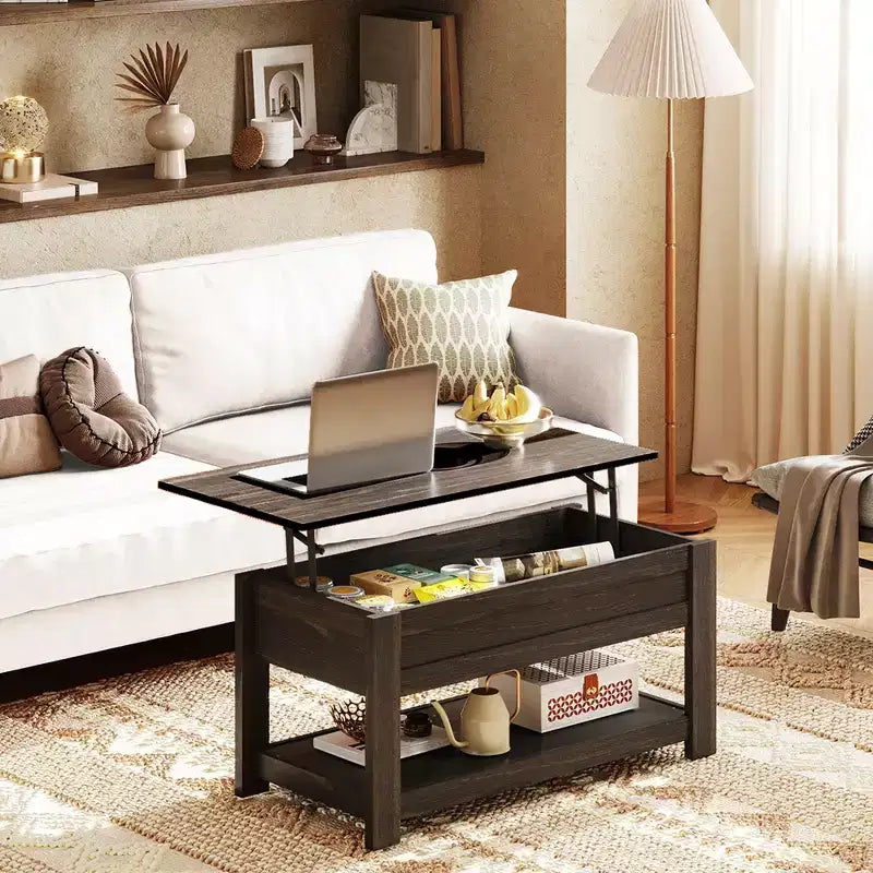 Table basse, table basse relevable de 99 cm avec compartiment caché et étagère de rangement