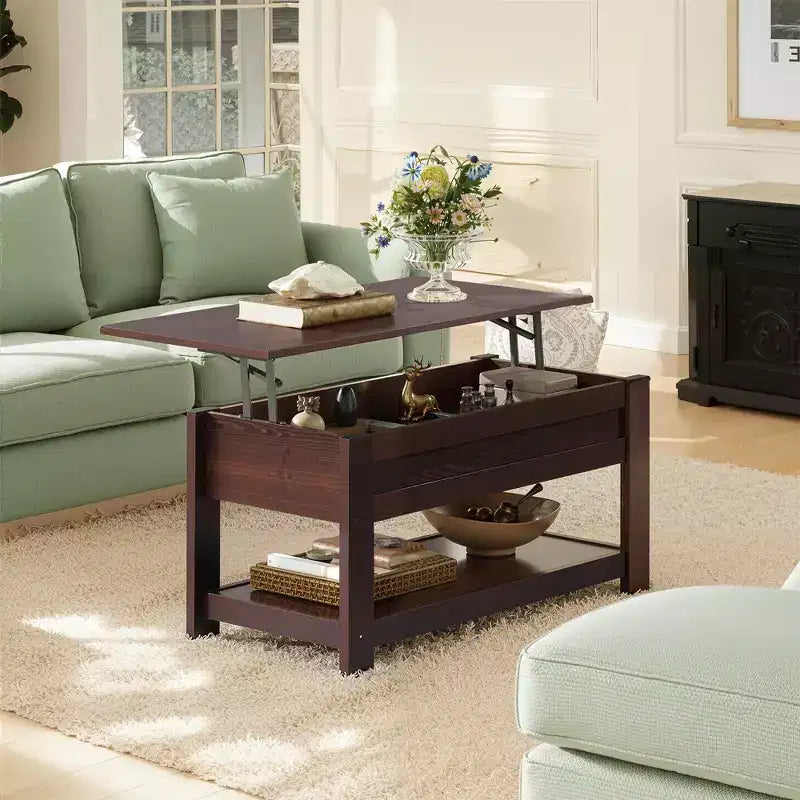 Table basse, table basse relevable de 99 cm avec compartiment caché et étagère de rangement