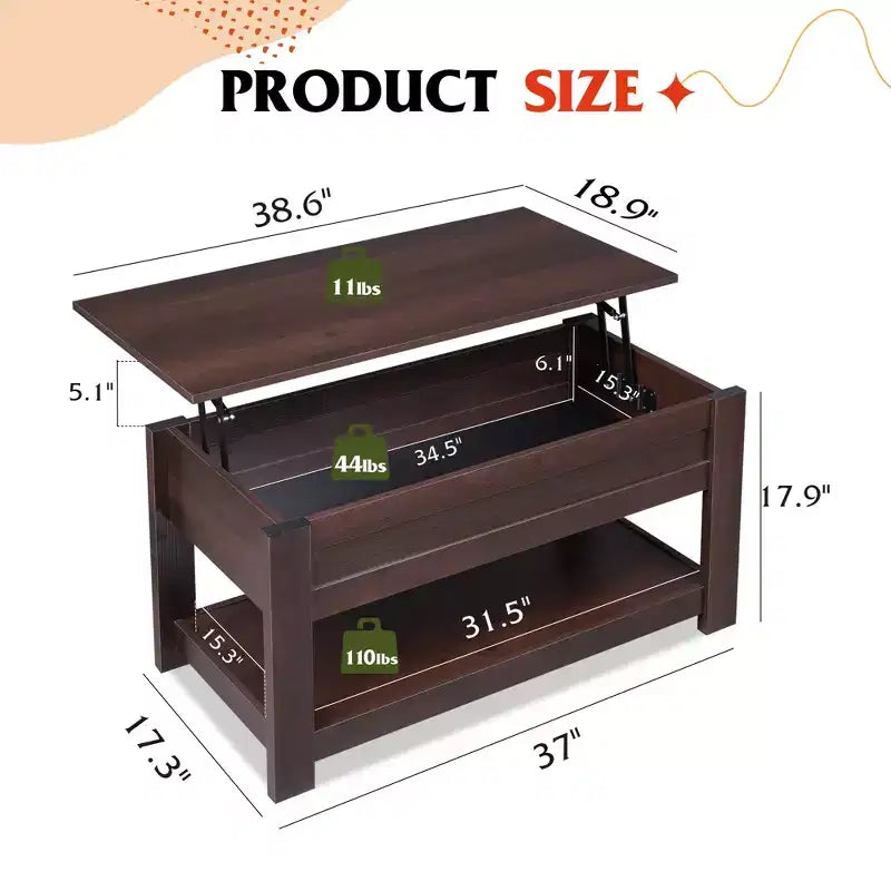 Table basse, table basse relevable de 99 cm avec compartiment caché et étagère de rangement