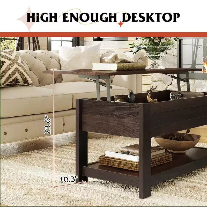 Table basse, table basse relevable de 99 cm avec compartiment caché et étagère de rangement