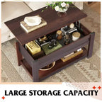 Table basse, table basse relevable de 99 cm avec compartiment caché et étagère de rangement