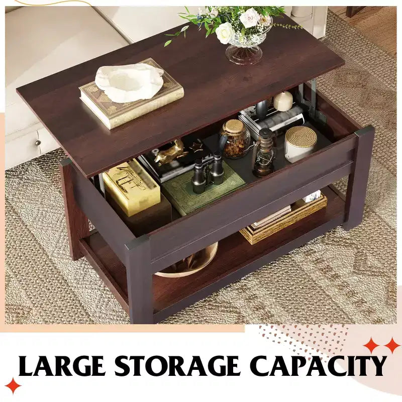 Table basse, table basse relevable de 99 cm avec compartiment caché et étagère de rangement