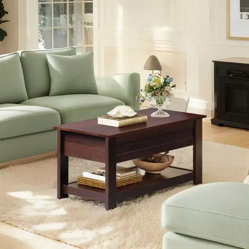 Table basse, table basse relevable de 99 cm avec compartiment caché et étagère de rangement