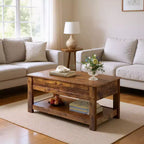 Table basse, table basse relevable de 99 cm avec compartiment caché et étagère de rangement