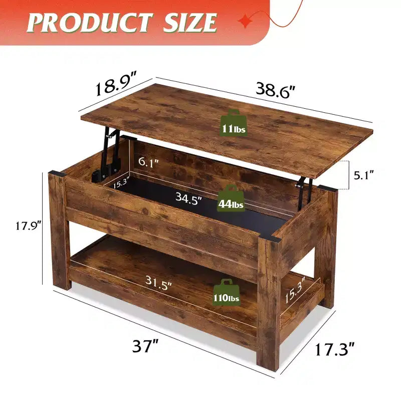 Table basse, table basse relevable de 99 cm avec compartiment caché et étagère de rangement
