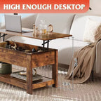 Table basse, table basse relevable de 99 cm avec compartiment caché et étagère de rangement
