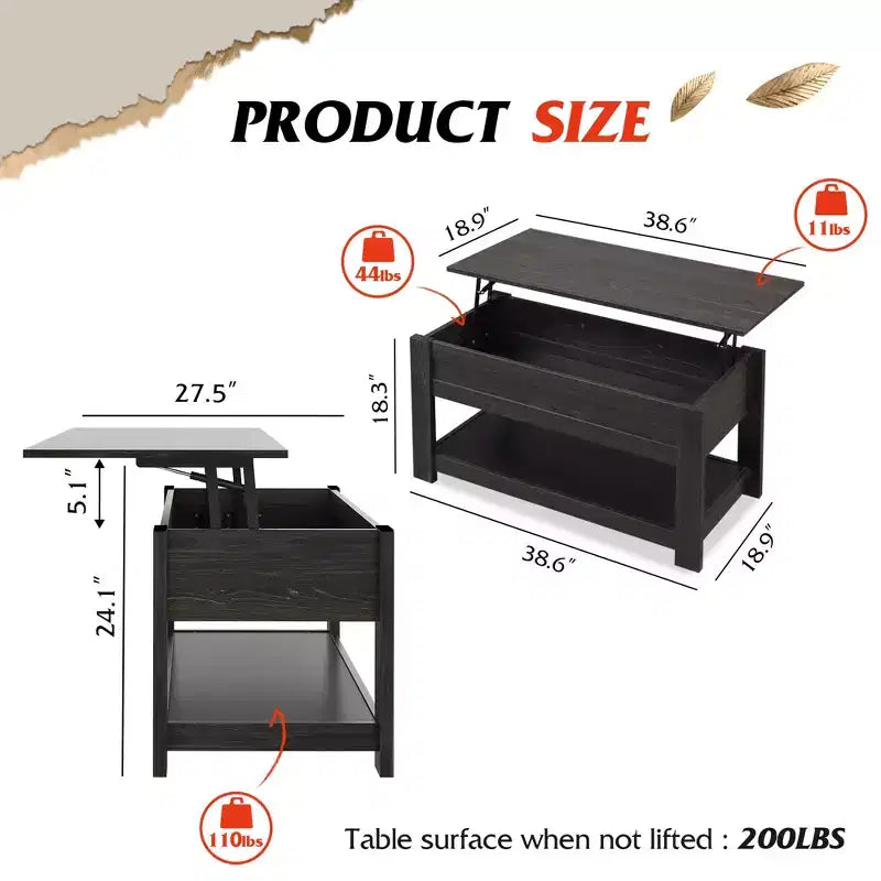 Table basse, table basse relevable de 99 cm avec compartiment caché et étagère de rangement