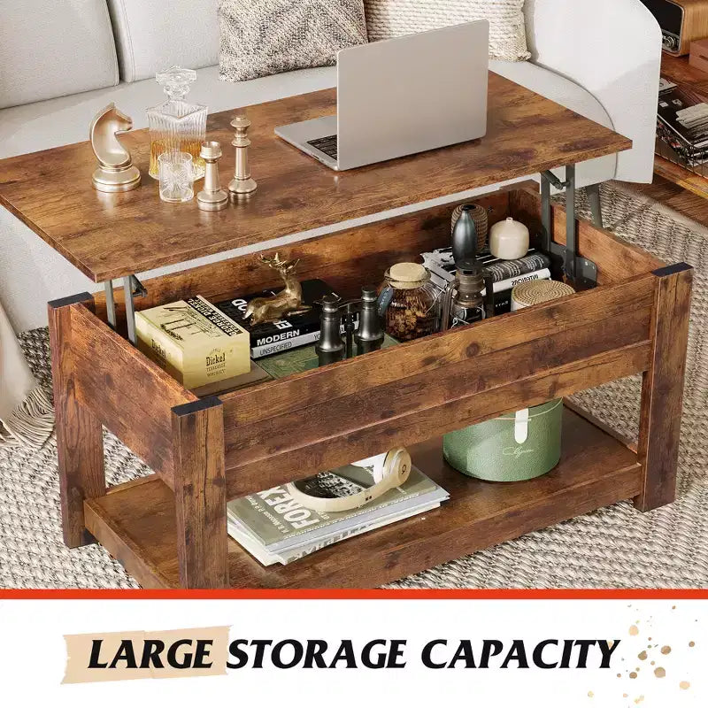 Table basse, table basse relevable de 99 cm avec compartiment caché et étagère de rangement