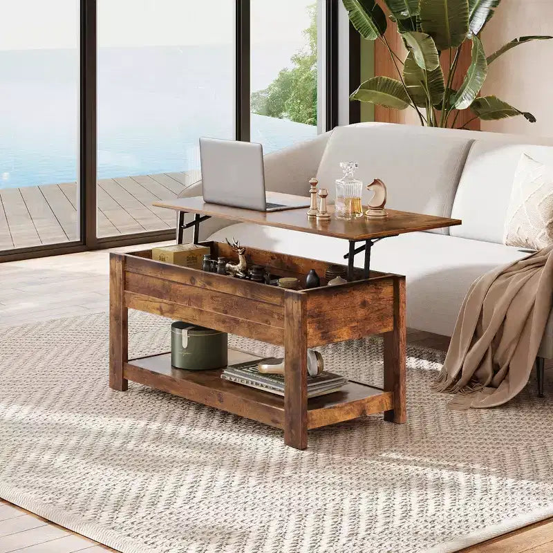 Table basse, table basse relevable de 99 cm avec compartiment caché et étagère de rangement