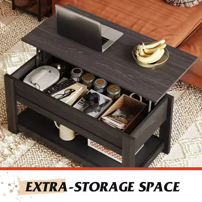 Table basse, table basse relevable de 99 cm avec compartiment caché et étagère de rangement