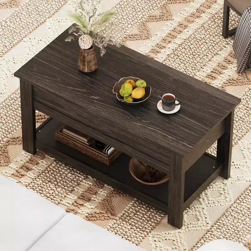 Table basse, table basse relevable de 99 cm avec compartiment caché et étagère de rangement