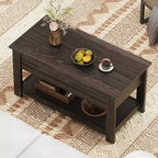 Table basse, table basse relevable de 99 cm avec compartiment caché et étagère de rangement