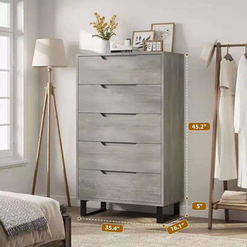 Commode de rangement haute autoportante élégante WhizMax avec 5 tiroirs spacieux