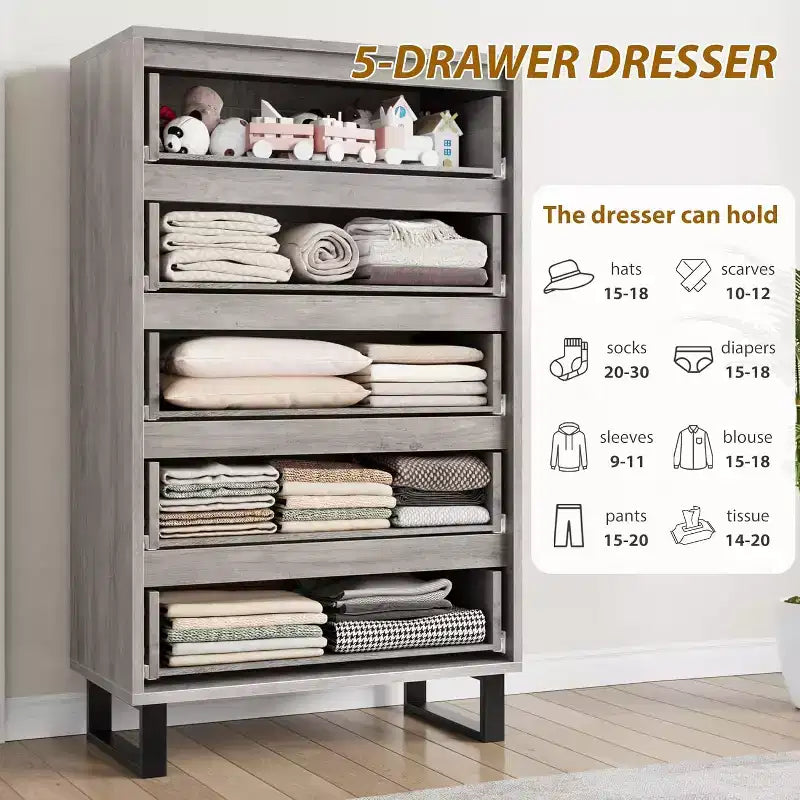 Commode de rangement haute autoportante élégante WhizMax avec 5 tiroirs spacieux