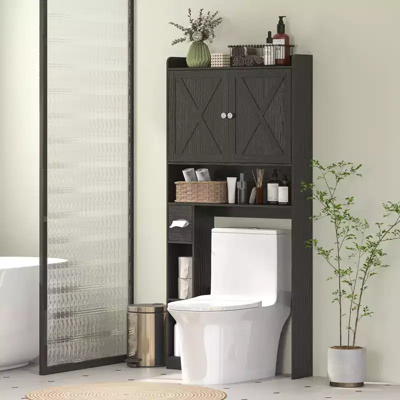 Organisateur de salle de bain avec portes coulissantes, étagère réglable, porte-papier toilette
