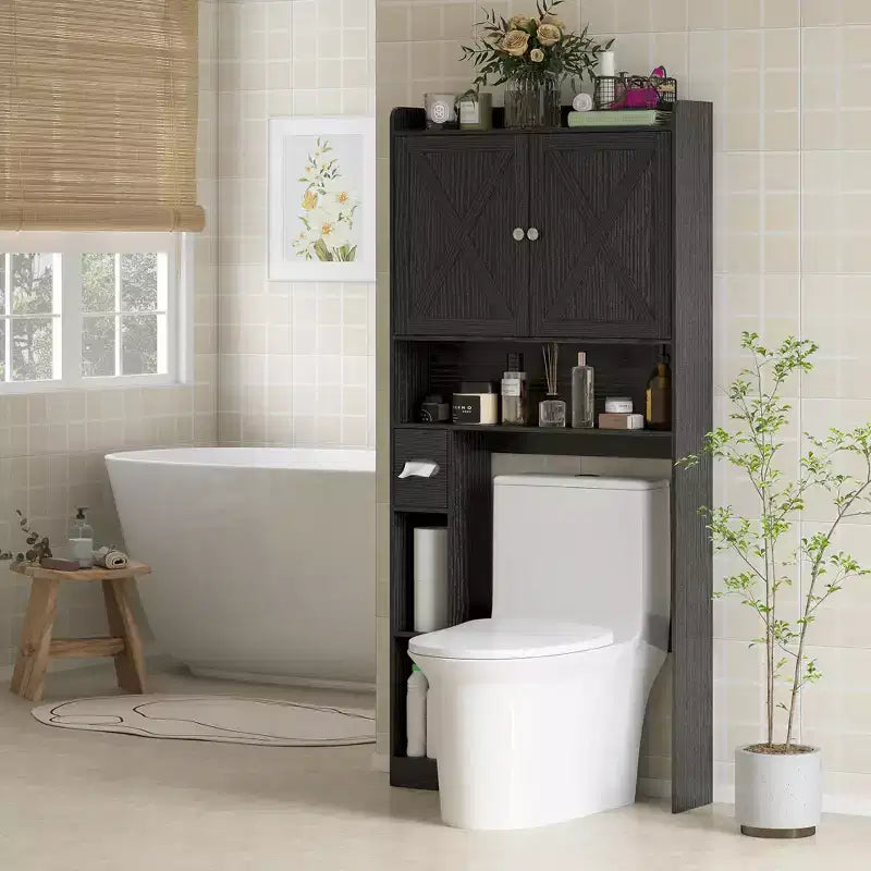 Organisateur de salle de bain avec portes coulissantes, étagère réglable, porte-papier toilette