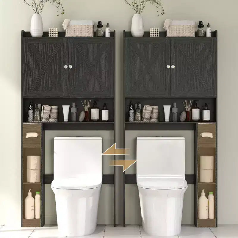 Organisateur de salle de bain avec portes coulissantes, étagère réglable, porte-papier toilette