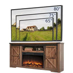 Meuble TV avec cheminée pour téléviseur de 80 pouces, meuble de divertissement style ferme de 32 pouces de haut avec tiroir, console média avec porte coulissante de style grange pour salon