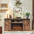 Meuble TV avec cheminée pour téléviseur de 80 pouces, meuble de divertissement style ferme de 32 pouces de haut avec tiroir, console média avec porte coulissante de style grange pour salon