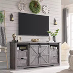 Meuble TV avec cheminée pour téléviseur de 80 pouces, meuble de divertissement style ferme de 32 pouces de haut avec tiroir, console média avec porte coulissante de style grange pour salon