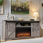 Meuble TV avec cheminée pour téléviseur de 80 pouces, meuble de divertissement style ferme de 32 pouces de haut avec tiroir, console média avec porte coulissante de style grange pour salon