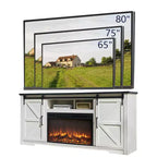 Meuble TV avec cheminée pour téléviseur de 80 pouces, meuble de divertissement style ferme de 32 pouces de haut avec tiroir, console média avec porte coulissante de style grange pour salon