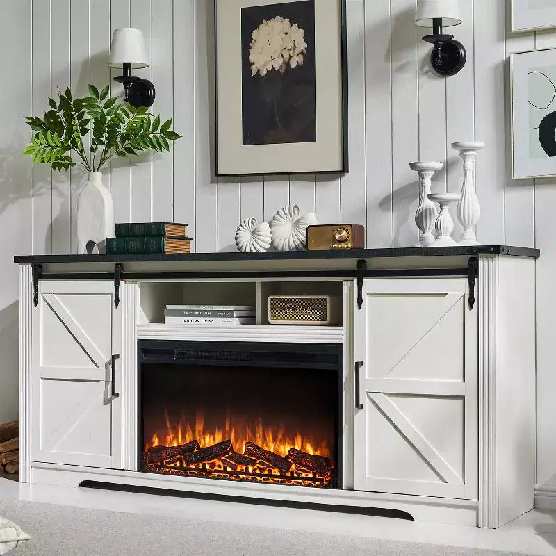 Meuble TV avec cheminée pour téléviseur de 80 pouces, meuble de divertissement style ferme de 32 pouces de haut avec tiroir, console média avec porte coulissante de style grange pour salon