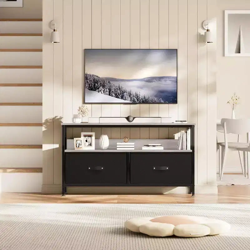 Meuble TV 2 tiroirs avec étagère ouverte, console polyvalente pour téléviseurs de 32 à 50 pouces, idéal pour le rangement du salon