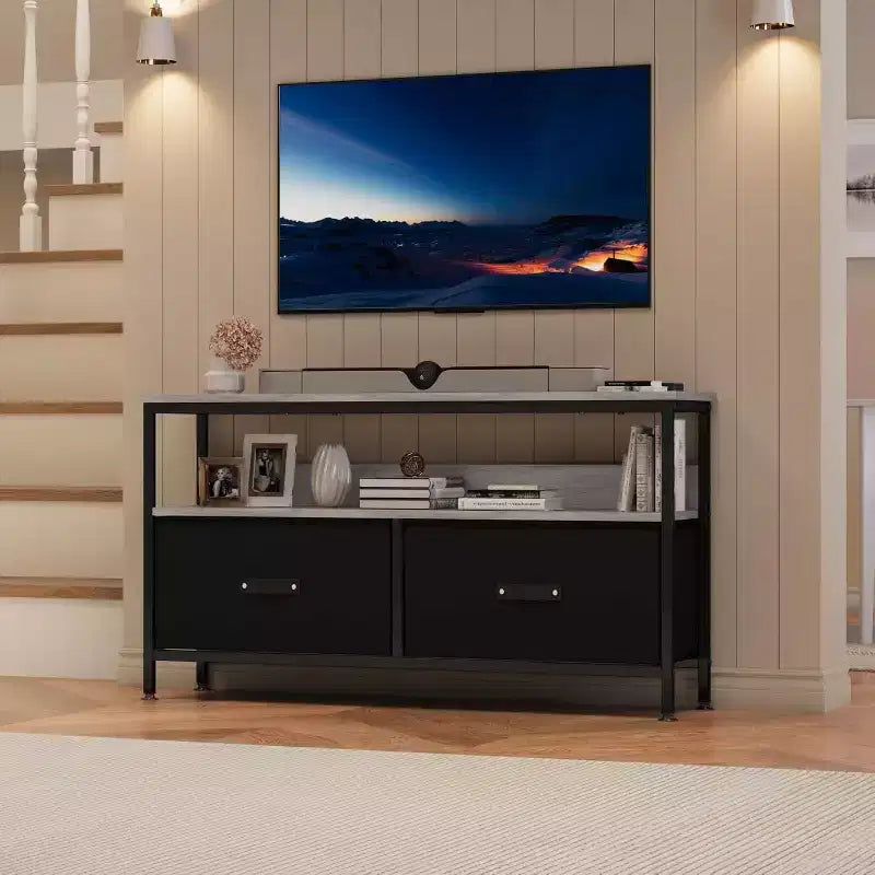 Meuble TV 2 tiroirs avec étagère ouverte, console polyvalente pour téléviseurs de 32 à 50 pouces, idéal pour le rangement du salon