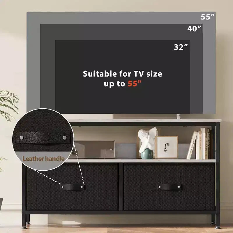 Meuble TV 2 tiroirs avec étagère ouverte, console polyvalente pour téléviseurs de 32 à 50 pouces, idéal pour le rangement du salon