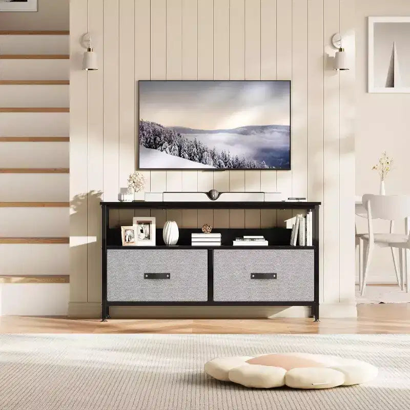 Meuble TV 2 tiroirs avec étagère ouverte, console polyvalente pour téléviseurs de 32 à 50 pouces, idéal pour le rangement du salon