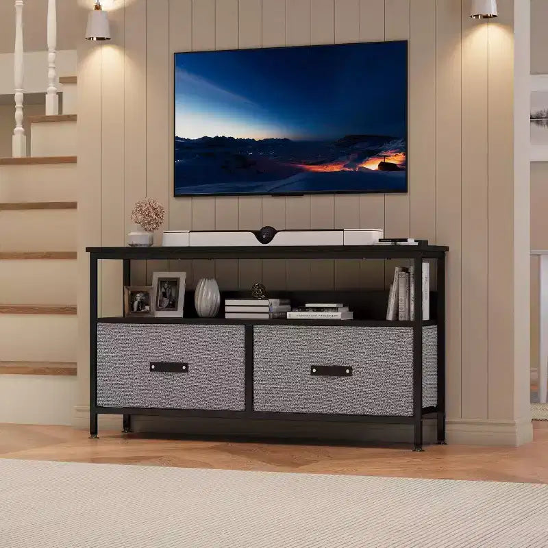 Meuble TV 2 tiroirs avec étagère ouverte, console polyvalente pour téléviseurs de 32 à 50 pouces, idéal pour le rangement du salon