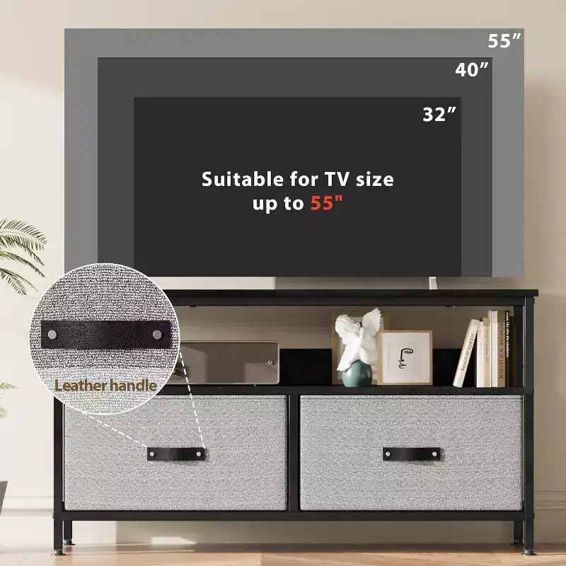 Meuble TV 2 tiroirs avec étagère ouverte, console polyvalente pour téléviseurs de 32 à 50 pouces, idéal pour le rangement du salon