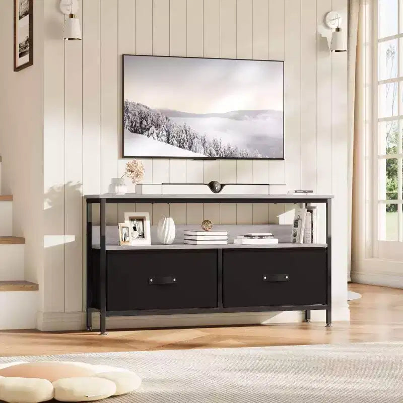 Meuble TV 2 tiroirs avec étagère ouverte, console polyvalente pour téléviseurs de 32 à 50 pouces, idéal pour le rangement du salon
