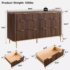 Commode moderne SinCiDo Fluted à 7 tiroirs, meuble TV de 54 po de large avec accents dorés, organisateur de rangement en bois pour chambre à coucher, salon