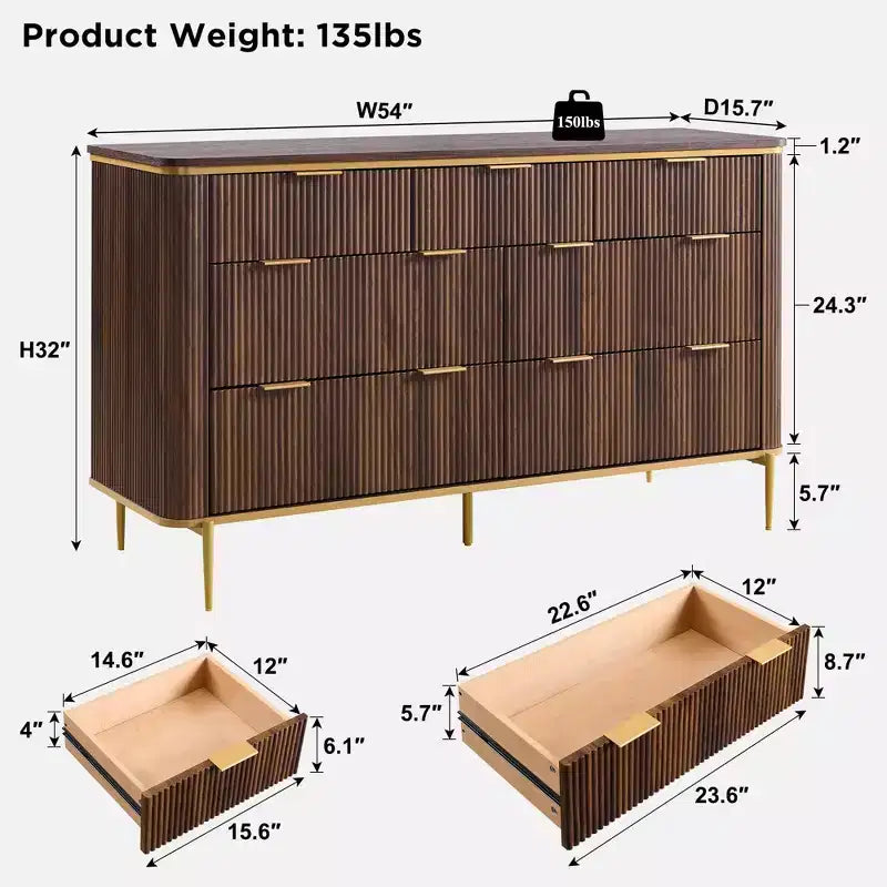 Commode moderne SinCiDo Fluted à 7 tiroirs, meuble TV de 54 po de large avec accents dorés, organisateur de rangement en bois pour chambre à coucher, salon