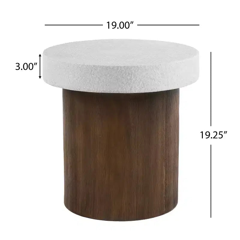 Élégante table d'appoint à plateau blanc antique avec base en bois naturel