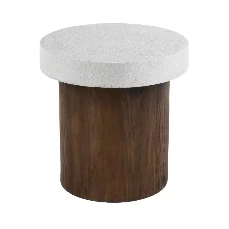 Élégante table d'appoint à plateau blanc antique avec base en bois naturel
