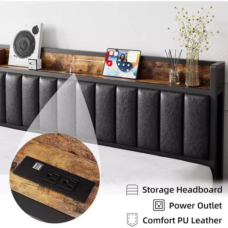 Cadre de lit plateforme rembourré Acekool avec tête de lit de rangement, ports USB et lattes métalliques robustes
