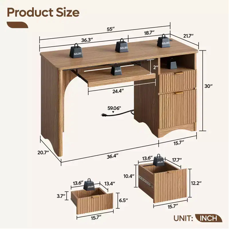 Bestier Bureau d'ordinateur 55 pouces pour PC avec prises électriques, tiroir coulissant pour clavier et tiroirs de rangement