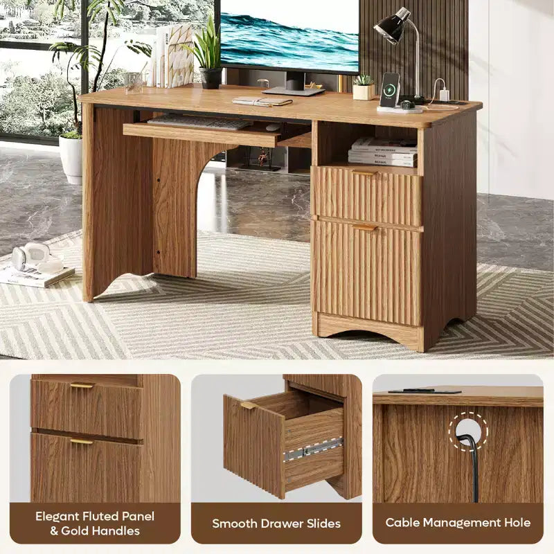Bestier Bureau d'ordinateur 55 pouces pour PC avec prises électriques, tiroir coulissant pour clavier et tiroirs de rangement
