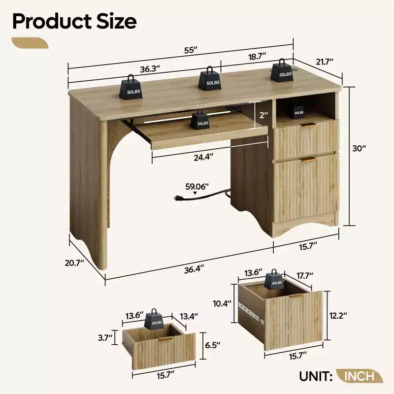 Bestier Bureau d'ordinateur 55 pouces pour PC avec prises électriques, tiroir coulissant pour clavier et tiroirs de rangement