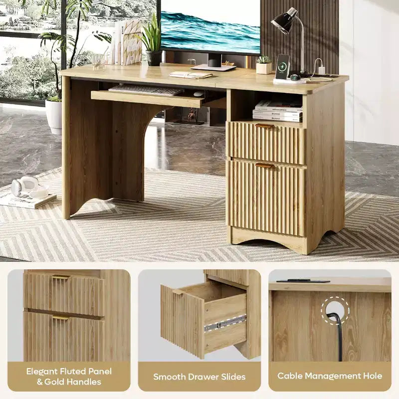 Bestier Bureau d'ordinateur 55 pouces pour PC avec prises électriques, tiroir coulissant pour clavier et tiroirs de rangement