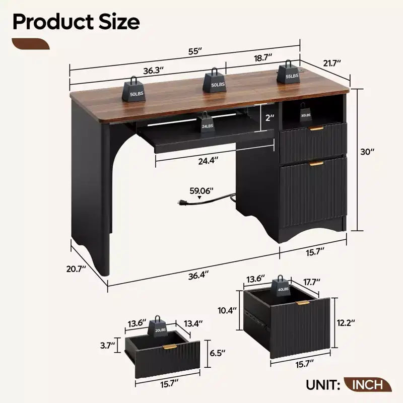 Bestier Bureau d'ordinateur 55 pouces pour PC avec prises électriques, tiroir coulissant pour clavier et tiroirs de rangement