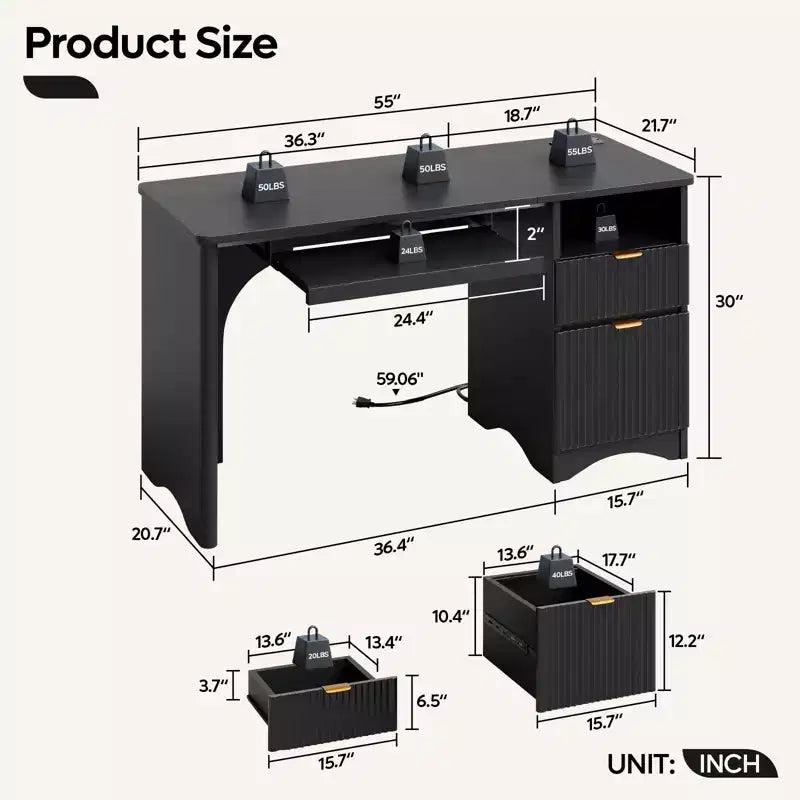 Bestier Bureau d'ordinateur 55 pouces pour PC avec prises électriques, tiroir coulissant pour clavier et tiroirs de rangement