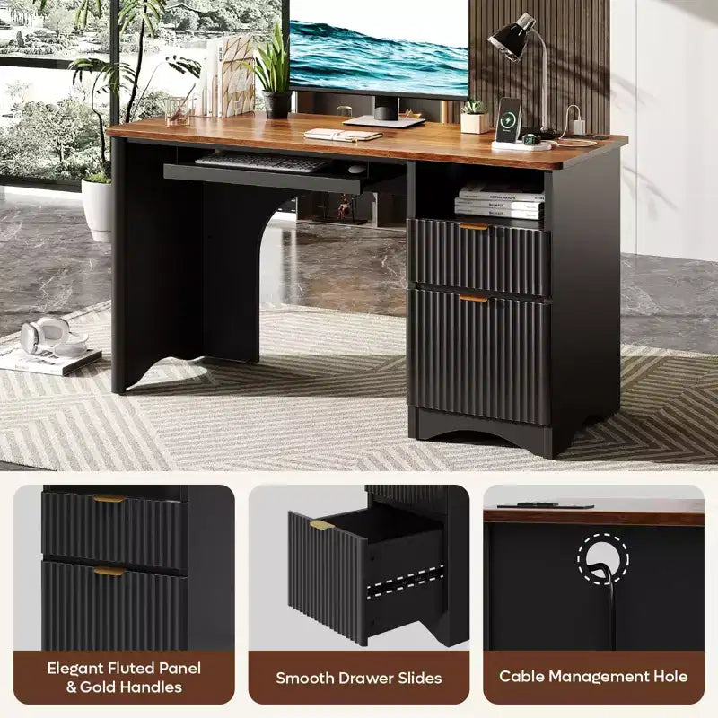 Bestier Bureau d'ordinateur 55 pouces pour PC avec prises électriques, tiroir coulissant pour clavier et tiroirs de rangement