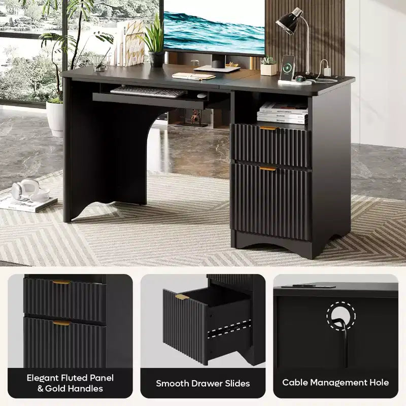 Bestier Bureau d'ordinateur 55 pouces pour PC avec prises électriques, tiroir coulissant pour clavier et tiroirs de rangement